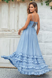 Dusty Blue Spaghetti Straps Corset Long Prom Dress With Criss Cross Back