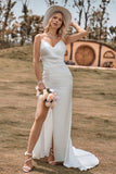 Trumpet/Mermaid Spaghetti Straps V-Neck Sweep Train Wedding Dress