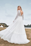 Ivory A Line V-Neck Long Wedding Dress With Long Sleeves