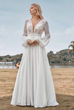 Ivory A Line Deep V Neck Sweep Train Lace Wedding Dress