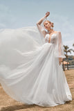 Ivory A Line V Neck Court Train Tulle Wedding Dress with Long Sleeves