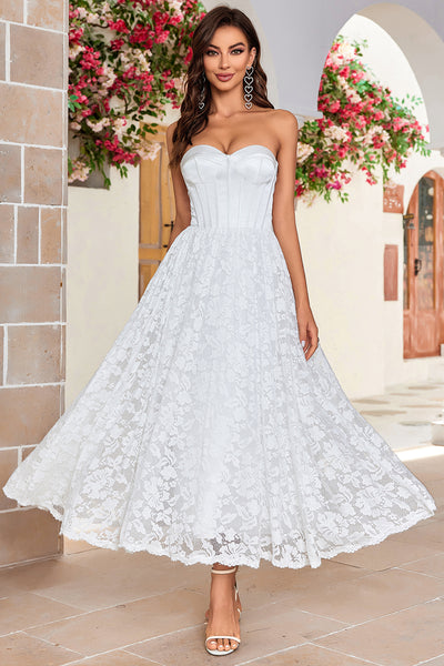 Wedtrend Women A Line Bridal Dress Sweetheart Tea-Length Corset Wedding Dress with Lace, Ivory / US14