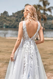 Ivory A Line V-Neck Sweep Train Wedding Dress With Lace