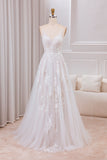 Ivory A Line V Neck Tulle Long Boho Wedding Dress with Lace