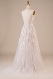 Ivory A Line V Neck Court Train Tulle Wedding Dress with Lace