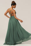 Eucalyptus A-Line Spaghetti Straps Floor Length Chiffon Bridesmaid Dress with Slit