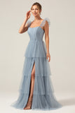 Dusty Blue A Line Spaghetti Straps Floor Length Tulle Bridesmaid Dress