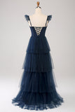 A Line Spaghetti Straps Tiered Tulle Long Navy Bridesmaid Dress With Slit
