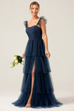 Navy A Line Spaghetti Straps Tiered Floor Length Tulle Bridesmaid Dress