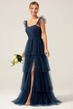 Dusty Blue A Line Spaghetti Straps Floor Length Tulle Bridesmaid Dress