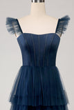 A Line Spaghetti Straps Tiered Tulle Long Navy Bridesmaid Dress With Slit
