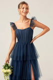 Navy A Line Spaghetti Straps Tiered Floor Length Tulle Bridesmaid Dress