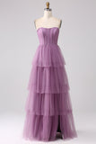 Purple A Line Spaghetti Straps Tiered Tulle Long Bridesmaid Dress With Slit