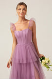 A Line Spaghetti Straps Tiered Floor Length Tulle Purple Bridesmaid Dress