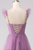 Purple A Line Spaghetti Straps Tiered Tulle Long Bridesmaid Dress With Slit