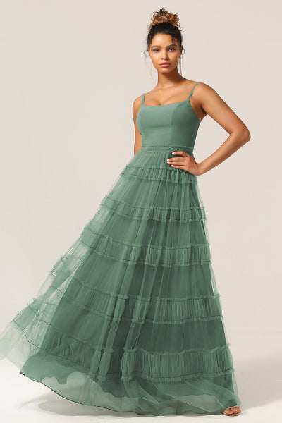 Eucalyptus A-Line Spaghetti Straps Chiffon Pleated Tiered Bridesmaid Dress