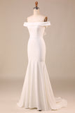 Ivory Mermaid Off The Shoulder Sweep Train Wedding Dress With Sleeveless