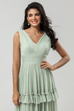 Dusty Sage A Line V-Neck Long Knitted Chiffon Bridesmaid Dress With Ruffles