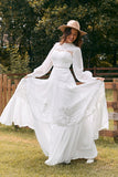 Ivory A Line Round Neck Long Sleeves Boho Wedding Dress with Lace