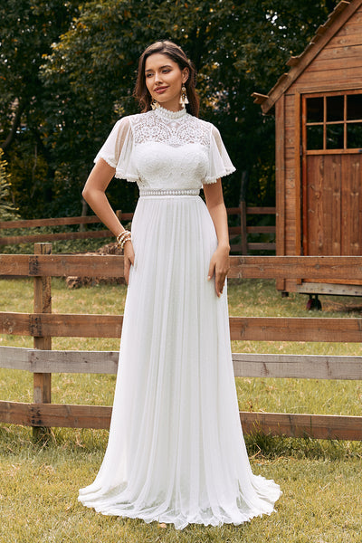 vintage ivory wedding dress Wedtrend Women Bridal Ivory A Line Chiffon Boho Long Dress with Lace, Ivory / US6 Size:32/30 wd0422 Yousify Women's Summer Midi flowing skirt keeps you