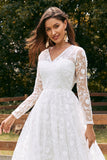 Ivory A-Line V-Neck Sweep Train Lace Wedding Dress with Sleeves