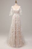 A Line V-Neck Short Sleeves Long Bridal Dress With Appliqued Lace