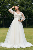 Ivory A-Line V Neck Corset Tulle Wedding Dress with Long Sleeves