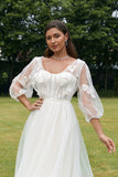 Ivory A-Line V Neck Corset Tulle Wedding Dress with Long Sleeves