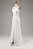 Ivory Mermaid Spaghetti Straps Long Wedding Dress with Slit