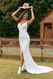 Ivory Simple Mermaid Button Long Wedding Dress with Slit