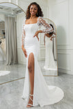 Ivory Mermaid Square Neck Sweep Train Satin Wedding Dress with 3D Butterflies
