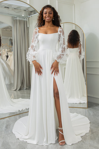 wedding dress long sleeves Wedtrend Women Ivory Bridal A Line Chiffon Dress With 3D Butterflies Long Sleeves, Ivory / US8 plus size womens plus while the luxurious long MICHELEMARIE Size:Pre-order Custom Size >11 +$80