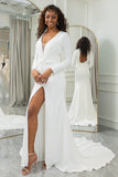 Ivory Sheath V-Neck Long Sleeves Open Back Wedding Dress with Slit