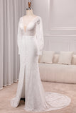 Ivory Sheath V-Neck Long Sleeves Backless Wedding Dress with Front Slit