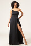 Black A-Line One Shoulder Floor Length Chiffon Bridesmaid Dress With Slit