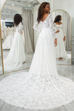 Ivory A Line Square Neck Corset Lace Chapel Train Wedding Dresses With Long Sleeves