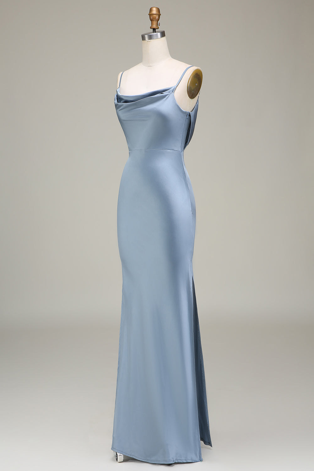 Dusty Blue Sheath Spaghetti Straps Long Satin Bridesmaid Dress