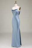 Dusty Blue Sheath Spaghetti Straps Long Satin Bridesmaid Dress