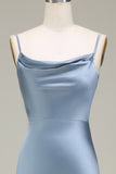 Dusty Blue Sheath Spaghetti Straps Long Satin Bridesmaid Dress