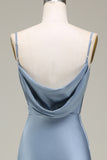 Dusty Blue Sheath Spaghetti Straps Long Satin Bridesmaid Dress