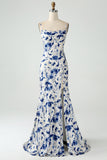 Blue Flower Mermaid Floral Print Backless Long Bridesmaid Dress With Slit