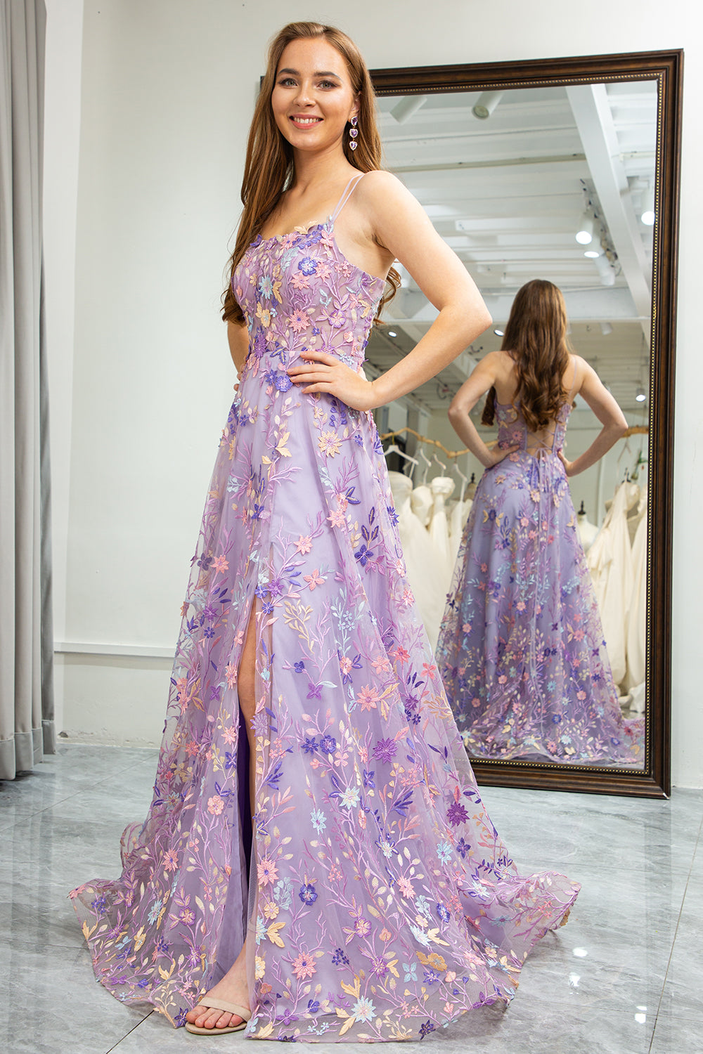 Mauve A Line Spaghetti Straps Front Slit Tulle Applique Long Prom Dress With Embroidery