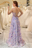 Mauve A Line Spaghetti Straps Front Slit Tulle Long Prom Dress With Embroidery