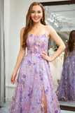 Mauve A Line Spaghetti Straps Front Slit Tulle Applique Long Prom Dress With Embroidery