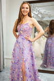 Mauve A Line Spaghetti Straps Front Slit Tulle Applique Long Prom Dress With Embroidery