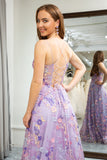 Mauve A Line Spaghetti Straps Front Slit Tulle Applique Long Prom Dress With Embroidery