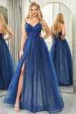 Sparkly Ball Gown Spaghetti Straps Beaded Tulle Prom Dresses With Slit