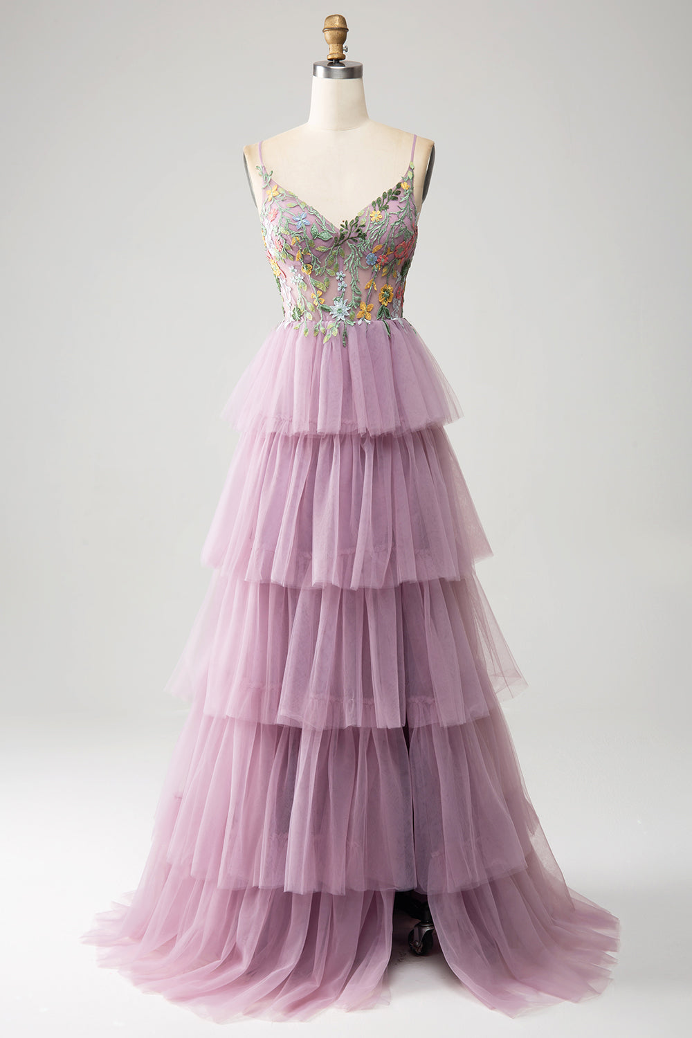 Mauve A-Line Spaghetti Straps Tulle Corset Tiered Prom Dress With Appliques