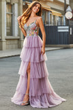 Mauve A-Line Tulle Long Corset Tiered Prom Dress With Appliques