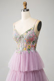 Mauve A-Line Spaghetti Straps Tulle Corset Tiered Prom Dress With Appliques